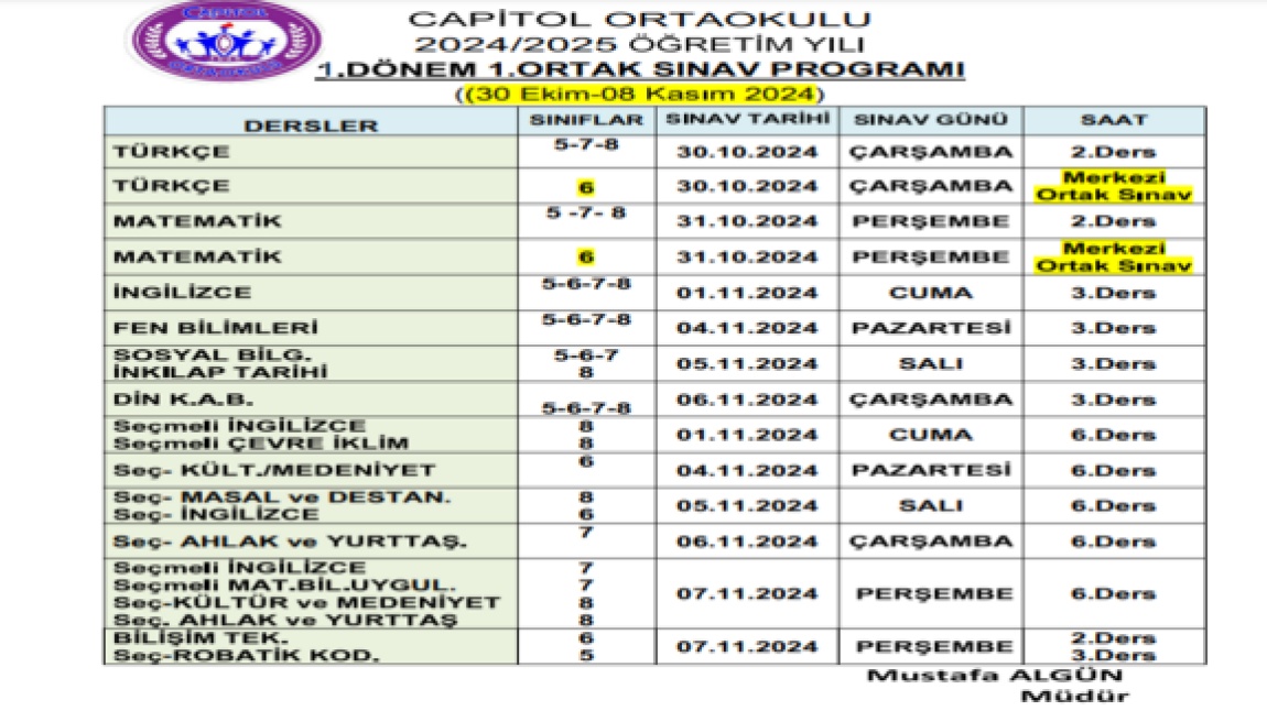 2024-2025  EĞİTİM ÖĞRETİM YILI 1. DÖNEM 1. ORTAK SINAV PROGRAMI