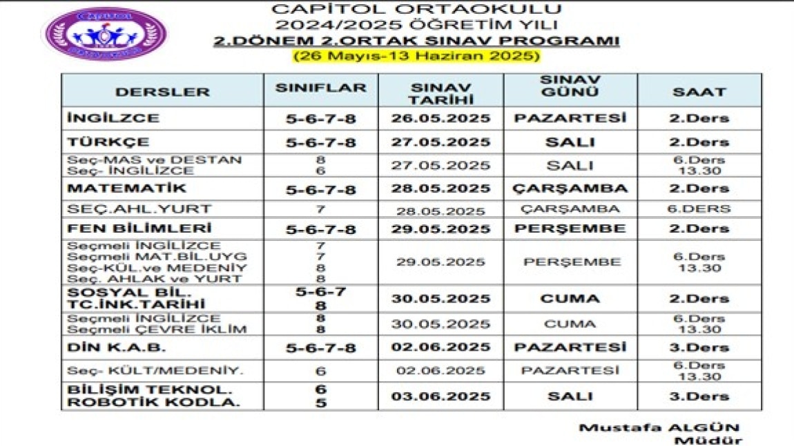 2. DÖNEM 2. YAZILI SINAV TAKVİMİMİZ YAYINLANMIŞTIR.